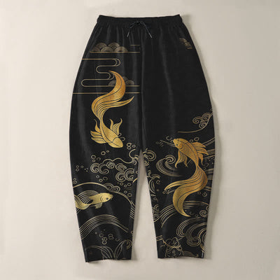 Buddha Stones Pure Cotton Golden Koi Fish Wave Pattern Drawstring Men's Tapered Pants With Pockets - image 2