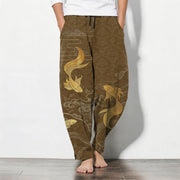 Foviel Pure Cotton Golden Koi Fish Wave Pattern Drawstring Men's Tapered Pants With Pockets