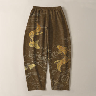 Buddha Stones Pure Cotton Golden Koi Fish Wave Pattern Drawstring Men's Tapered Pants With Pockets - image 10