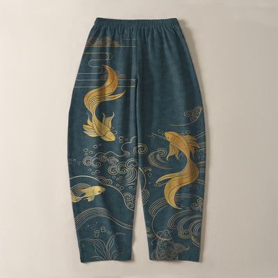 Buddha Stones Pure Cotton Golden Koi Fish Wave Pattern Drawstring Men's Tapered Pants With Pockets - image 14