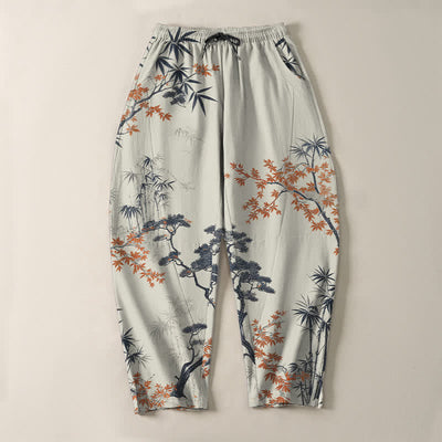 Buddha Stones Pure Cotton Maple Bamboo Pine Pattern Drawstring Men's Tapered Pants With Pockets - image 2