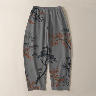 Buddha Stones Pure Cotton Maple Bamboo Pine Pattern Drawstring Men's Tapered Pants With Pockets - image 10