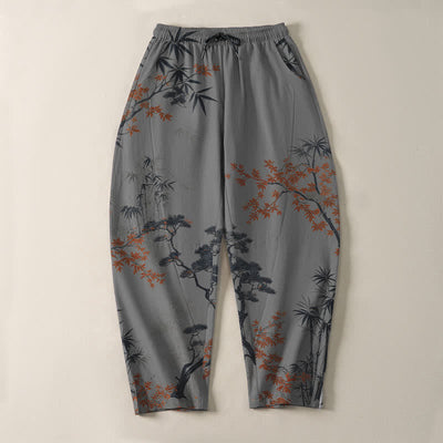 Buddha Stones Pure Cotton Maple Bamboo Pine Pattern Drawstring Men's Tapered Pants With Pockets - image 9