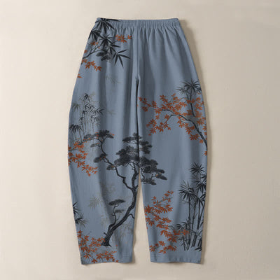 Buddha Stones Pure Cotton Maple Bamboo Pine Pattern Drawstring Men's Tapered Pants With Pockets - image 14