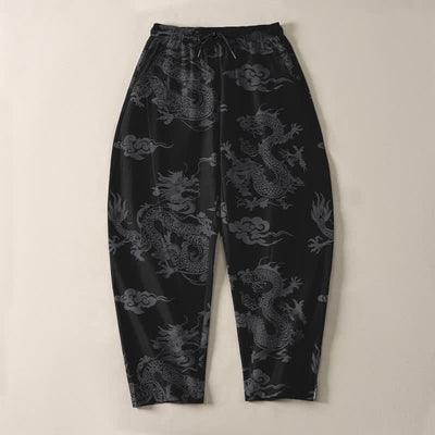 Buddha Stones Pure Cotton Dark Dragon Cloud Pattern Drawstring Men's Tapered Pants With Pockets - image 2