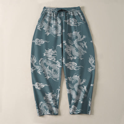 Buddha Stones Pure Cotton Dark Dragon Cloud Pattern Drawstring Men's Tapered Pants With Pockets - image 9