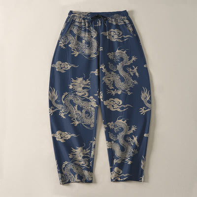 Buddha Stones Pure Cotton Dark Dragon Cloud Pattern Drawstring Men's Tapered Pants With Pockets - image 13
