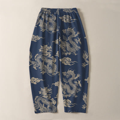 Buddha Stones Pure Cotton Dark Dragon Cloud Pattern Drawstring Men's Tapered Pants With Pockets - image 14