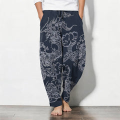 Buddha Stones Pure Cotton Dragon Cloud Pattern Drawstring Men's Tapered Pants With Pockets - Navy - US/UK/AU50，EU60 (5XL) - image 0