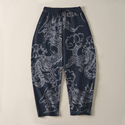 Buddha Stones Pure Cotton Dragon Cloud Pattern Drawstring Men's Tapered Pants With Pockets - image 2