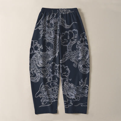 Buddha Stones Pure Cotton Dragon Cloud Pattern Drawstring Men's Tapered Pants With Pockets - image 3