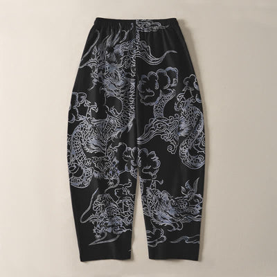 Buddha Stones Pure Cotton Dragon Cloud Pattern Drawstring Men's Tapered Pants With Pockets - image 14