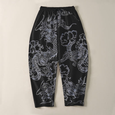 Buddha Stones Pure Cotton Dragon Cloud Pattern Drawstring Men's Tapered Pants With Pockets - image 13