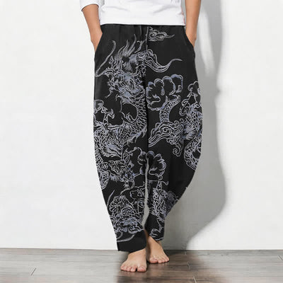 Buddha Stones Pure Cotton Dragon Cloud Pattern Drawstring Men's Tapered Pants With Pockets - Black - US/UK/AU50，EU60 (5XL) - image 11