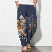 Foviel Pure Cotton Roaring Tiger Bamboo Pattern Drawstring Men's Tapered Pants With Pockets