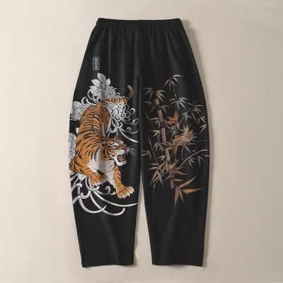 Buddha Stones Pure Cotton Roaring Tiger Bamboo Pattern Drawstring Men's Tapered Pants With Pockets - image 14