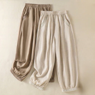 Buddha Stones Summer Casual Boho Solid Capri Pants Women's Straight Leg Pants With Pockets - image 14