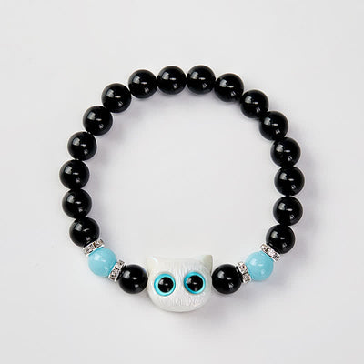 Buddha Stones Black Obsidian Cute Big Eye Cat Protection Beaded Bracelet - image 11