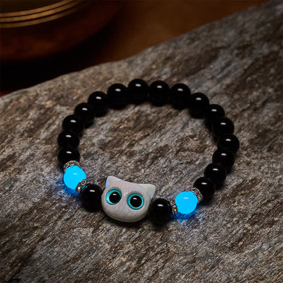 Buddha Stones Black Obsidian Cute Big Eye Cat Protection Beaded Bracelet - image 9