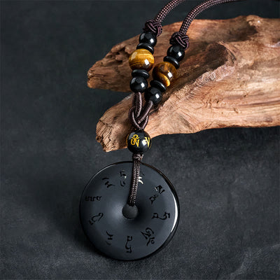 Buddha Stones Black Obsidian Peace Buckle Protection Engraved Braided Necklace - image 9