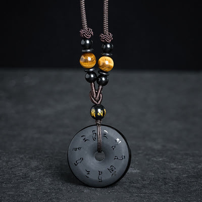 Buddha Stones Black Obsidian Peace Buckle Protection Engraved Braided Necklace - image 10