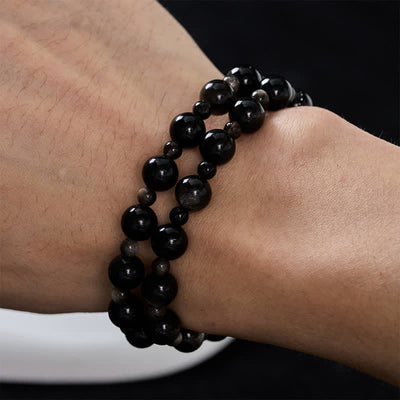 Buddha Stones Black Obsidian Single Double Layer Round Bead Protection Bracelet - image 13