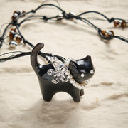 Foviel Resin Black Brown Cat Flower Pearl Bead Peace Necklace
