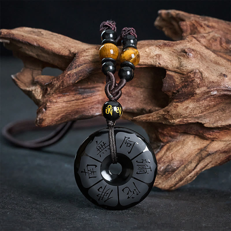 Buddha Stones Black Obsidian Namo Ami Peace Buckle Protection Engraved Necklace - Black Obsidian(Purification♥Strength) - image 0