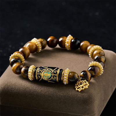 Buddha Stones Natural Yellow Tiger Eye Resin Barrel Bead Lotus Pendant Confidence Round Bead Bracelet - image 1