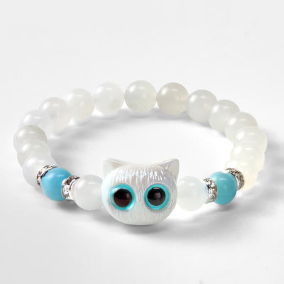 Buddha Stones White Jade Black Obsidian Cute Cat Head Purity Beaded Bracelet - image 10