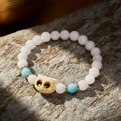 Buddha Stones Black Obsidian White Chalcedony Big-Eye Cat Head Purity Bead Bracelet - image 8