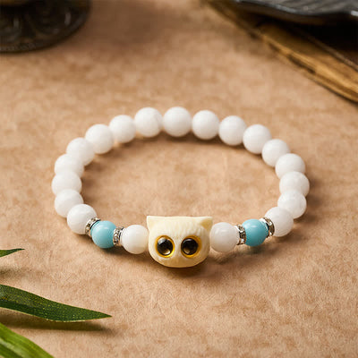 Buddha Stones Black Obsidian White Chalcedony Big-Eye Cat Head Purity Bead Bracelet - image 3