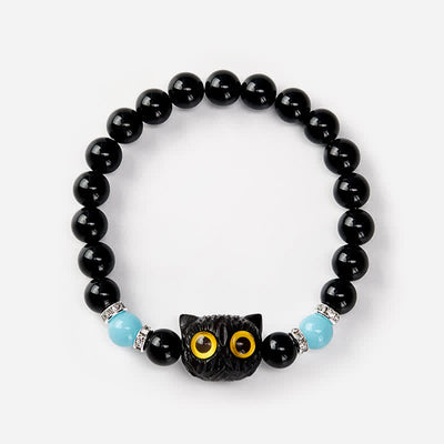Buddha Stones Black Obsidian White Chalcedony Big-Eye Cat Head Purity Bead Bracelet - image 17