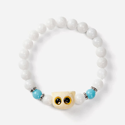 Buddha Stones Black Obsidian White Chalcedony Big-Eye Cat Head Purity Bead Bracelet - image 9