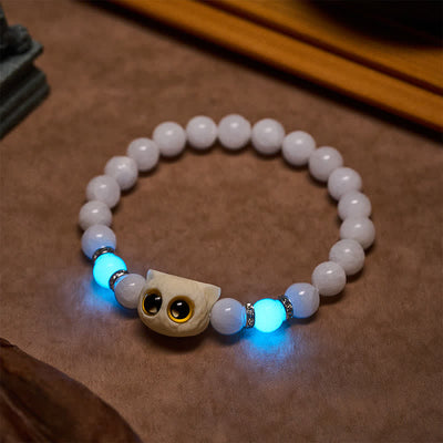 Buddha Stones Black Obsidian White Chalcedony Big-Eye Cat Head Purity Bead Bracelet - image 7