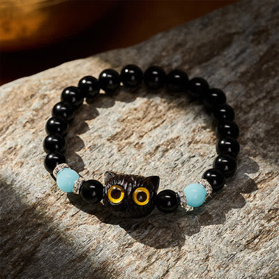 Buddha Stones Black Obsidian White Chalcedony Big-Eye Cat Head Purity Bead Bracelet - image 21
