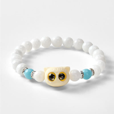 Buddha Stones Black Obsidian White Chalcedony Big-Eye Cat Head Purity Bead Bracelet - image 10