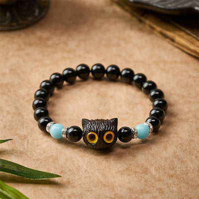 Buddha Stones Black Obsidian White Chalcedony Big-Eye Cat Head Purity Bead Bracelet - image 22