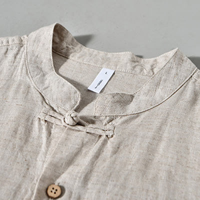 Buddha Stones Fall Casual Tang Style Mandarin Collar Solid Men's Long Sleeve Shirts - image 11