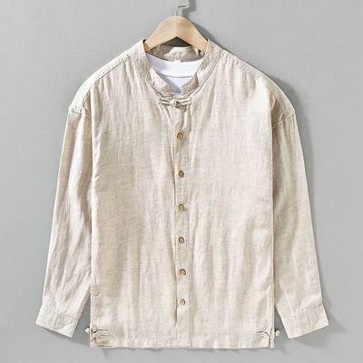 Buddha Stones Fall Casual Tang Style Mandarin Collar Solid Men's Long Sleeve Shirts - image 9