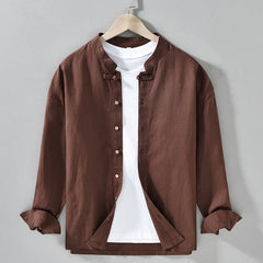 Buddha Stones Fall Casual Tang Style Mandarin Collar Solid Men's Long Sleeve Shirts - SaddleBrown - US/UK/AU42，EU52 (3XL) - image 0