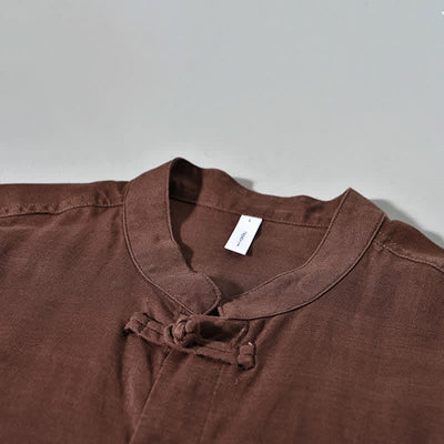 Buddha Stones Fall Casual Tang Style Mandarin Collar Solid Men's Long Sleeve Shirts - image 2