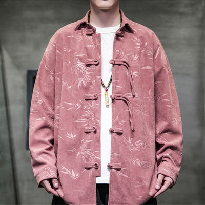 Buddha Stones Fall Winter Tang Style Frog Button Bamboo Print Corduroy Men's Long Sleeve Shirts - RosyBrown - US/UK/AU46，EU56 (5XL) - image 9