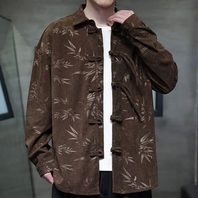 Buddha Stones Fall Winter Tang Style Frog Button Bamboo Print Corduroy Men's Long Sleeve Shirts - image 26
