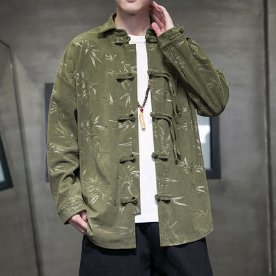 Buddha Stones Fall Winter Tang Style Frog Button Bamboo Print Corduroy Men's Long Sleeve Shirts - image 8