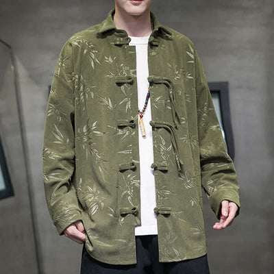 Buddha Stones Fall Winter Tang Style Frog Button Bamboo Print Corduroy Men's Long Sleeve Shirts - image 5
