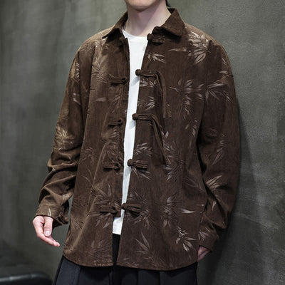 Buddha Stones Fall Winter Tang Style Frog Button Bamboo Print Corduroy Men's Long Sleeve Shirts - image 29
