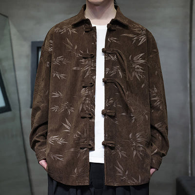 Buddha Stones Fall Winter Tang Style Frog Button Bamboo Print Corduroy Men's Long Sleeve Shirts - image 32