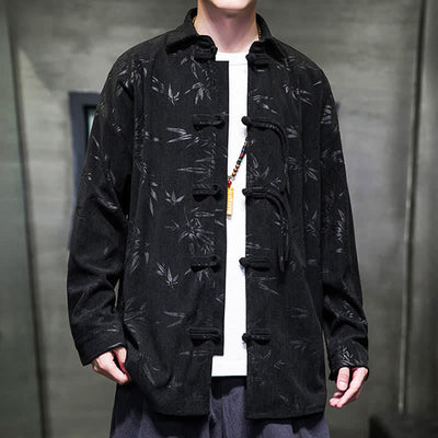 Buddha Stones Fall Winter Tang Style Frog Button Bamboo Print Corduroy Men's Long Sleeve Shirts - image 22