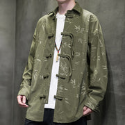 Foviel Fall Winter Tang Style Frog Button Bamboo Print Corduroy Men's Long Sleeve Shirts